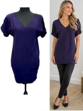 CLEO dark purple short sleeve V-neck knit sweater sz XS